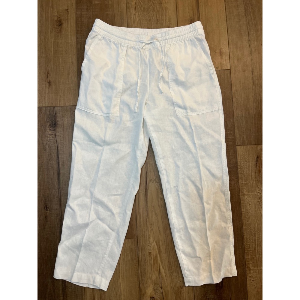 Lands End White 100% Linen Drawstring Pants Size 4 Coastal Beachy Natural Fiber